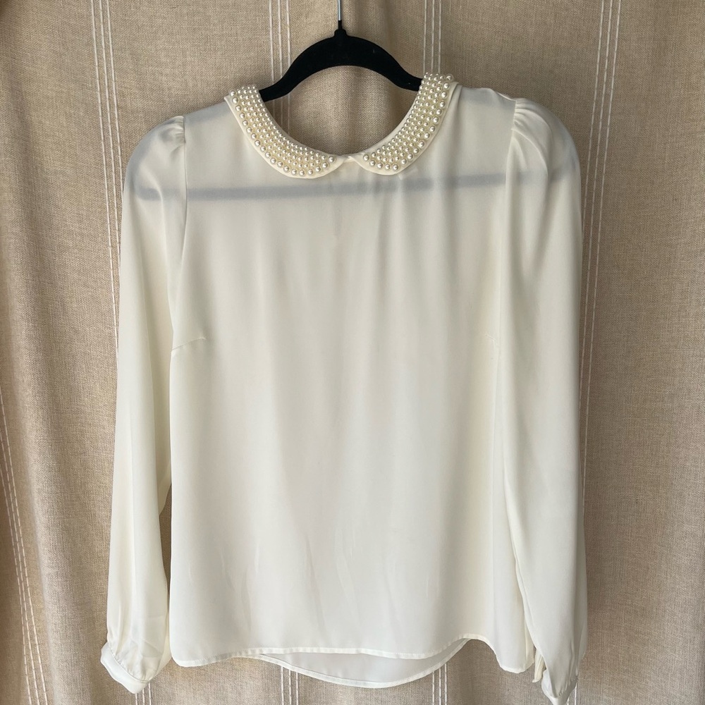 LOFT Cream Blouse with Pearl Collar
